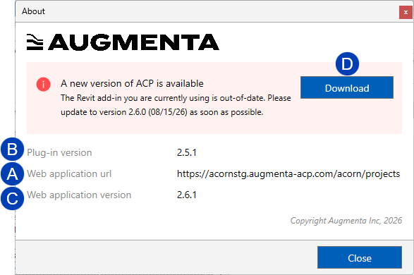Augmenta software update notification with version details and download option displayed.